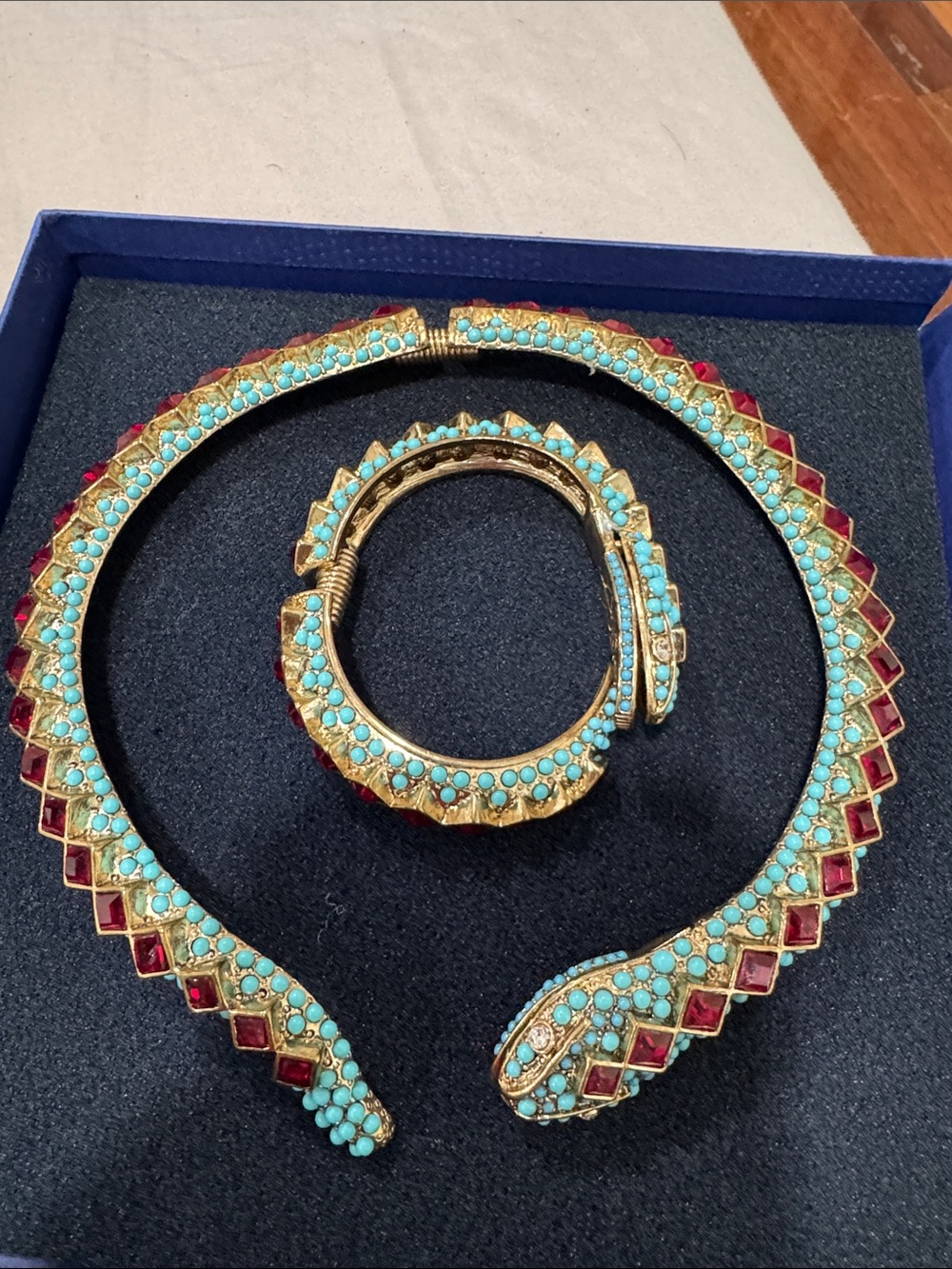 Turquoise and Red Stone Gold-Tone Snake Necklace and Bracelet Set brand new.